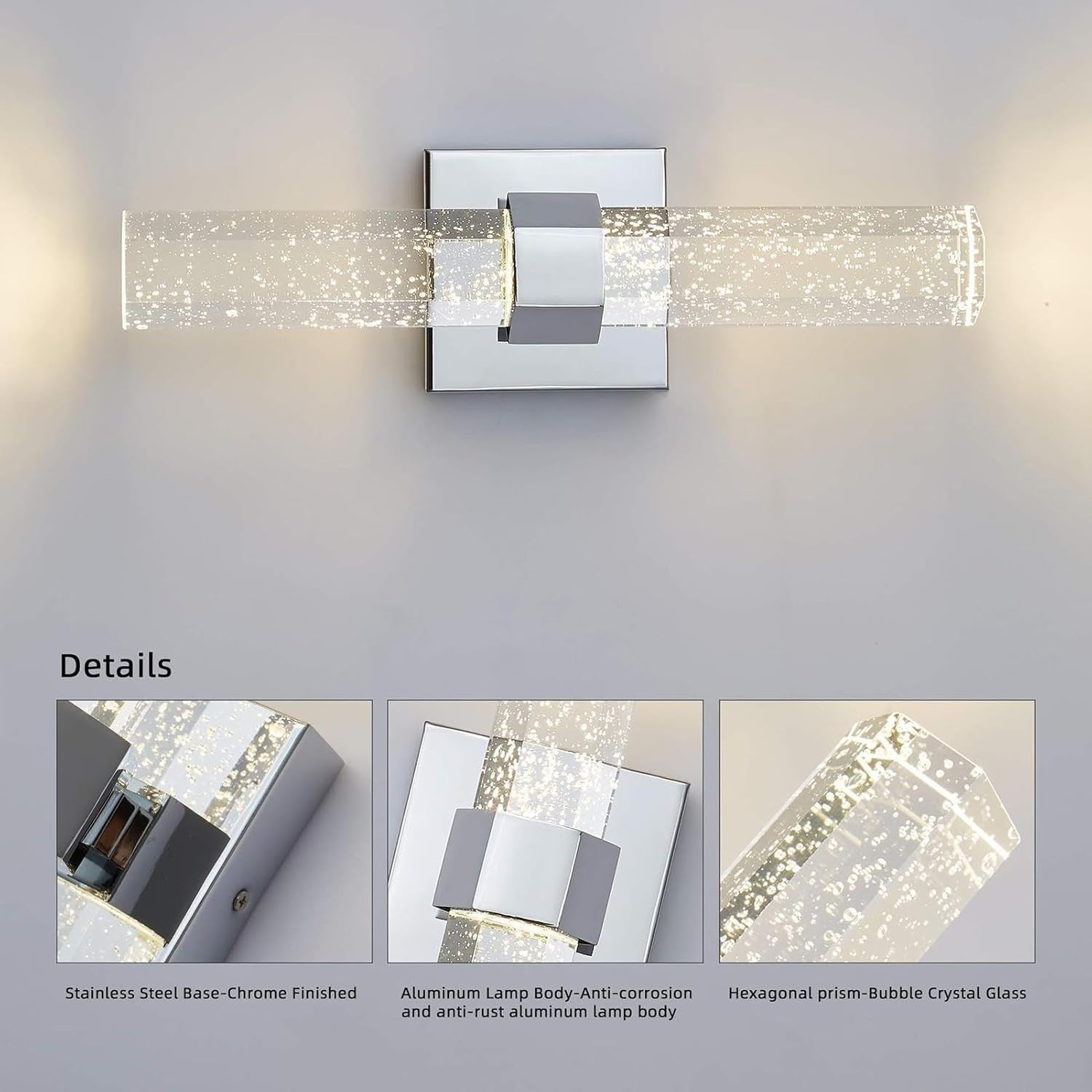 Crystal LED Wall Sconce Silver | Tri-Color Modern Light for Bedroom & Hall