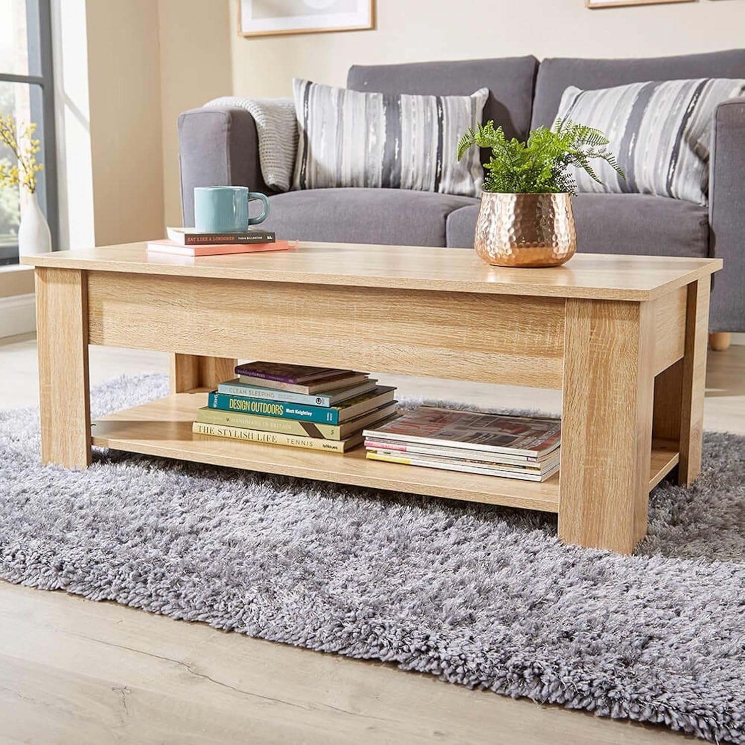 Oak Coffee Table with Lift-Up Storage & Magazine Shelf 100x50cm