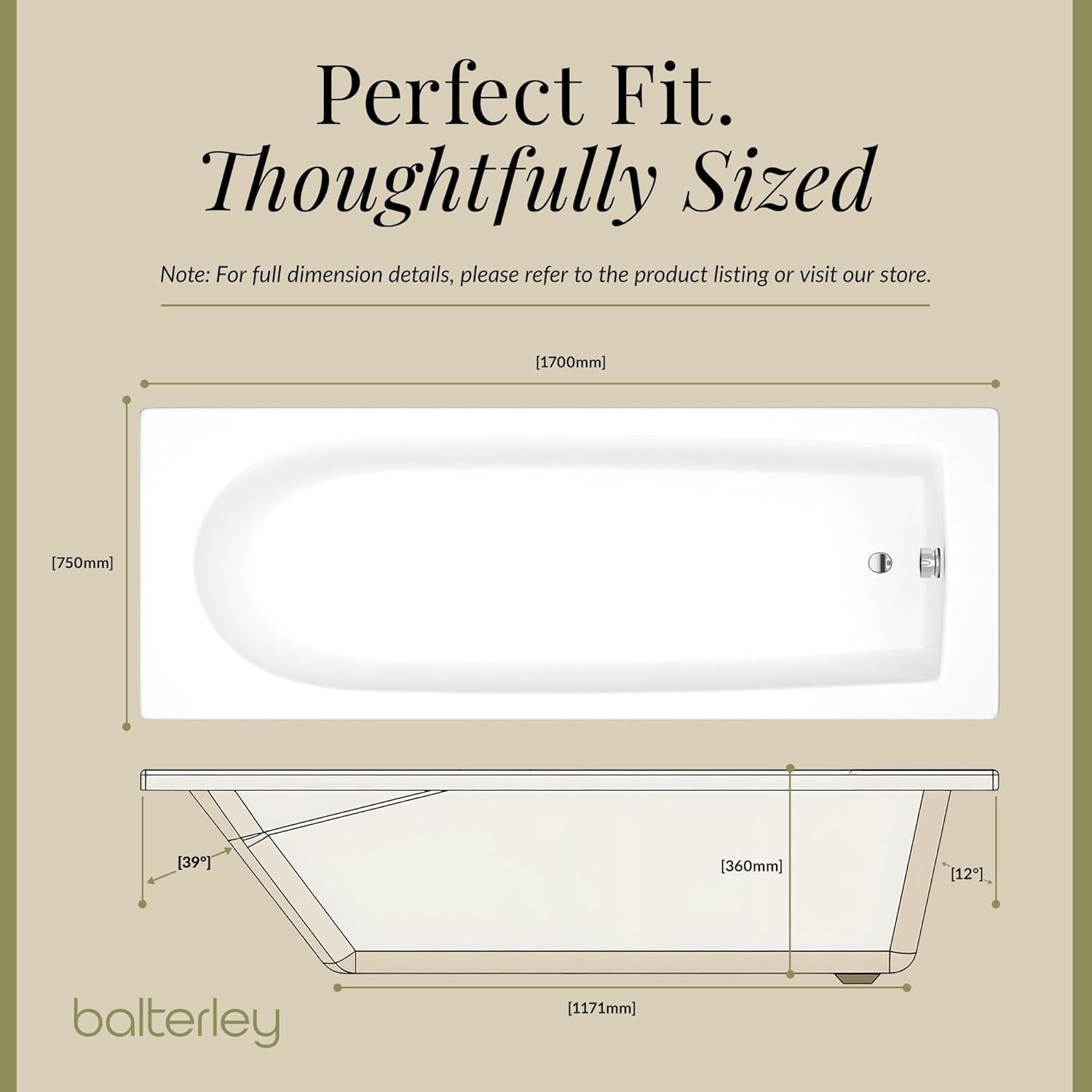 1700x750mm Round Single Ended Shower Bath Gloss White Acrylic Tub