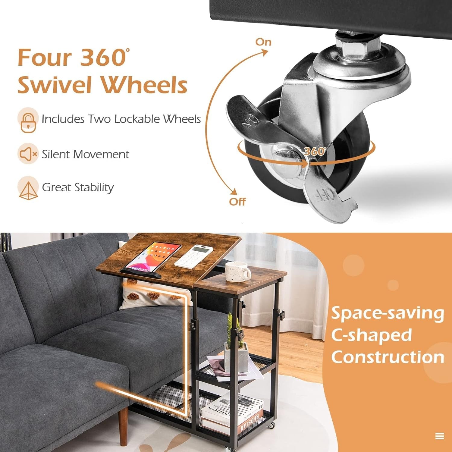 Rustic Brown Overbed Table with Wheels Adjustable Sofa Side Laptop Desk
