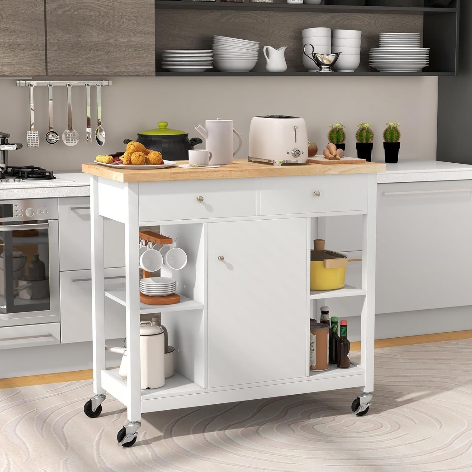 Mobile Kitchen Island Cart with Adjustable Shelves, Drawers & Lockable Wheels