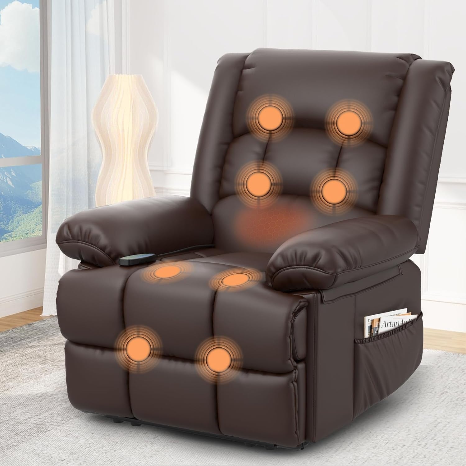 Manual Recliner Chair Massage Heat 135° Recline Footrest Dual Pockets Brown