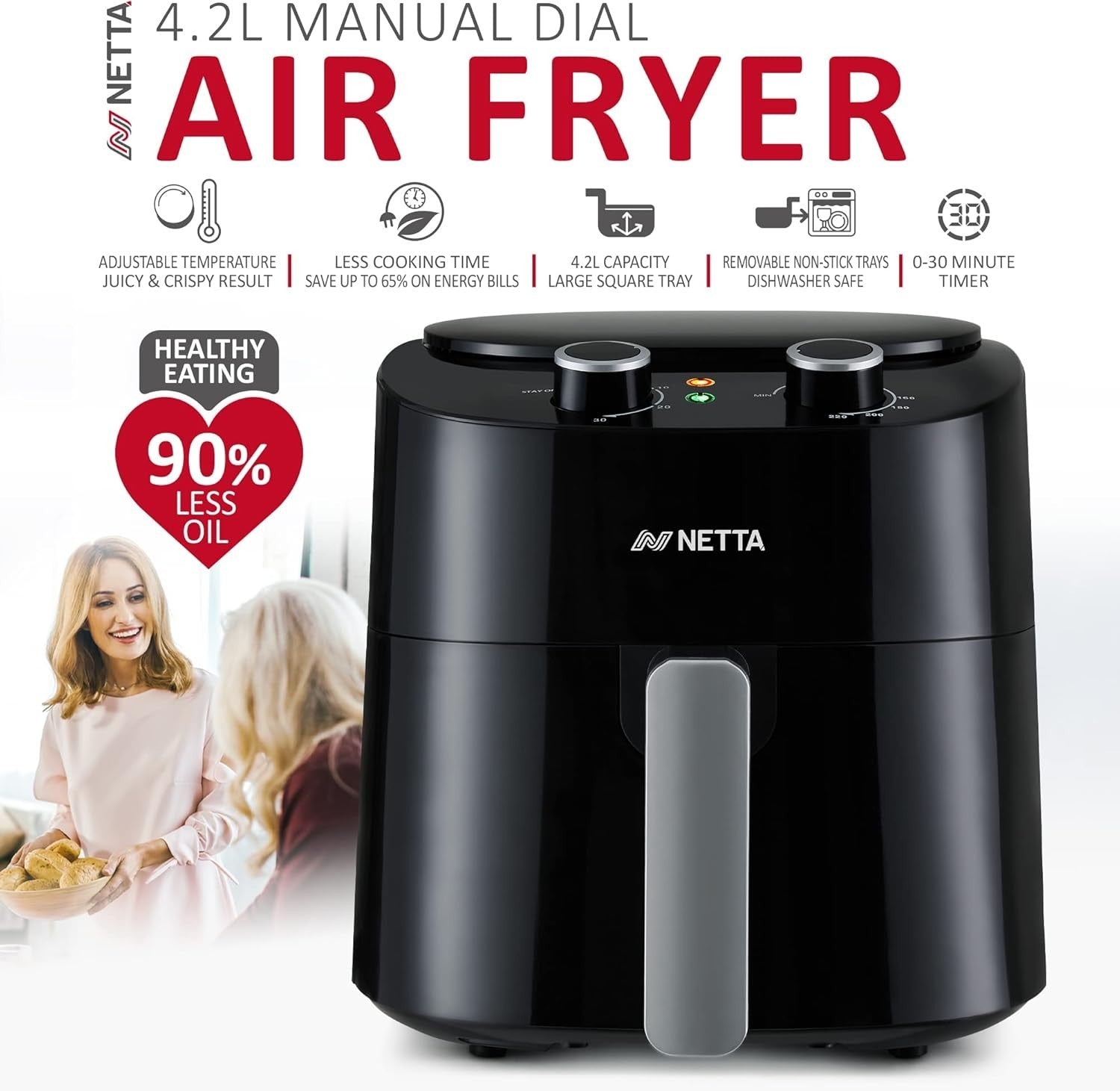 4.2L Air Fryer 220°C Manual Temp Control 30min Timer Oil Free 1300W Black