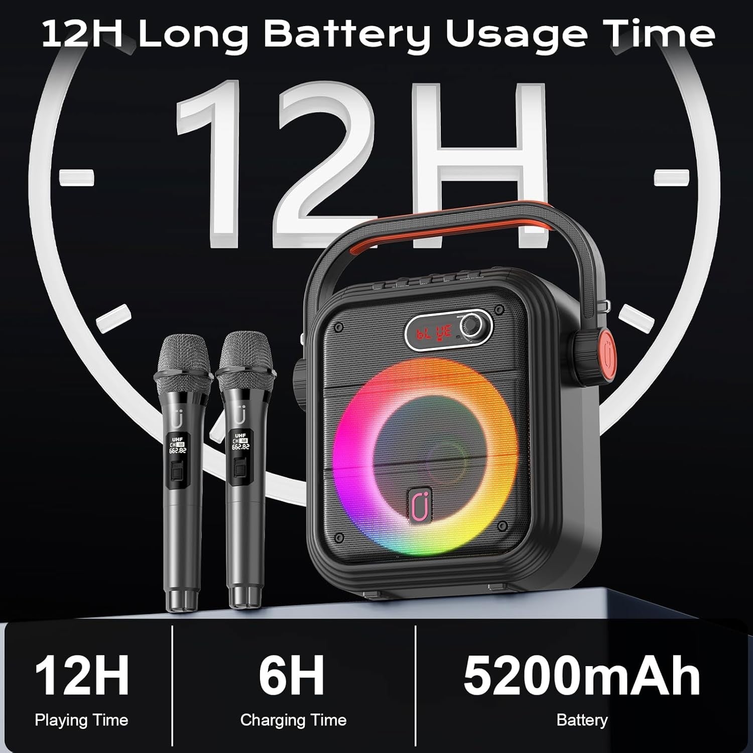 Karaoke Machine with 2 Wireless Mics RGB Bluetooth Speaker PA