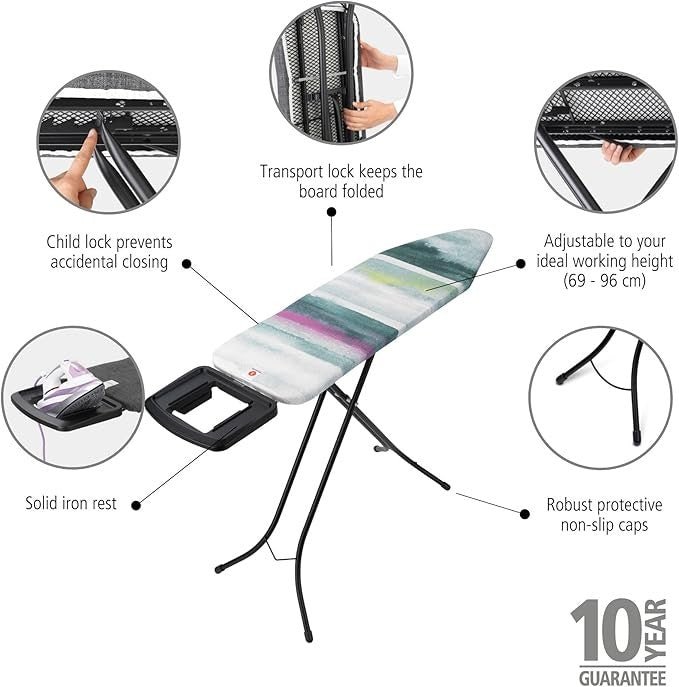 Full Size Ironing Board 124x38cm Adjustable Height Non Slip Foldable