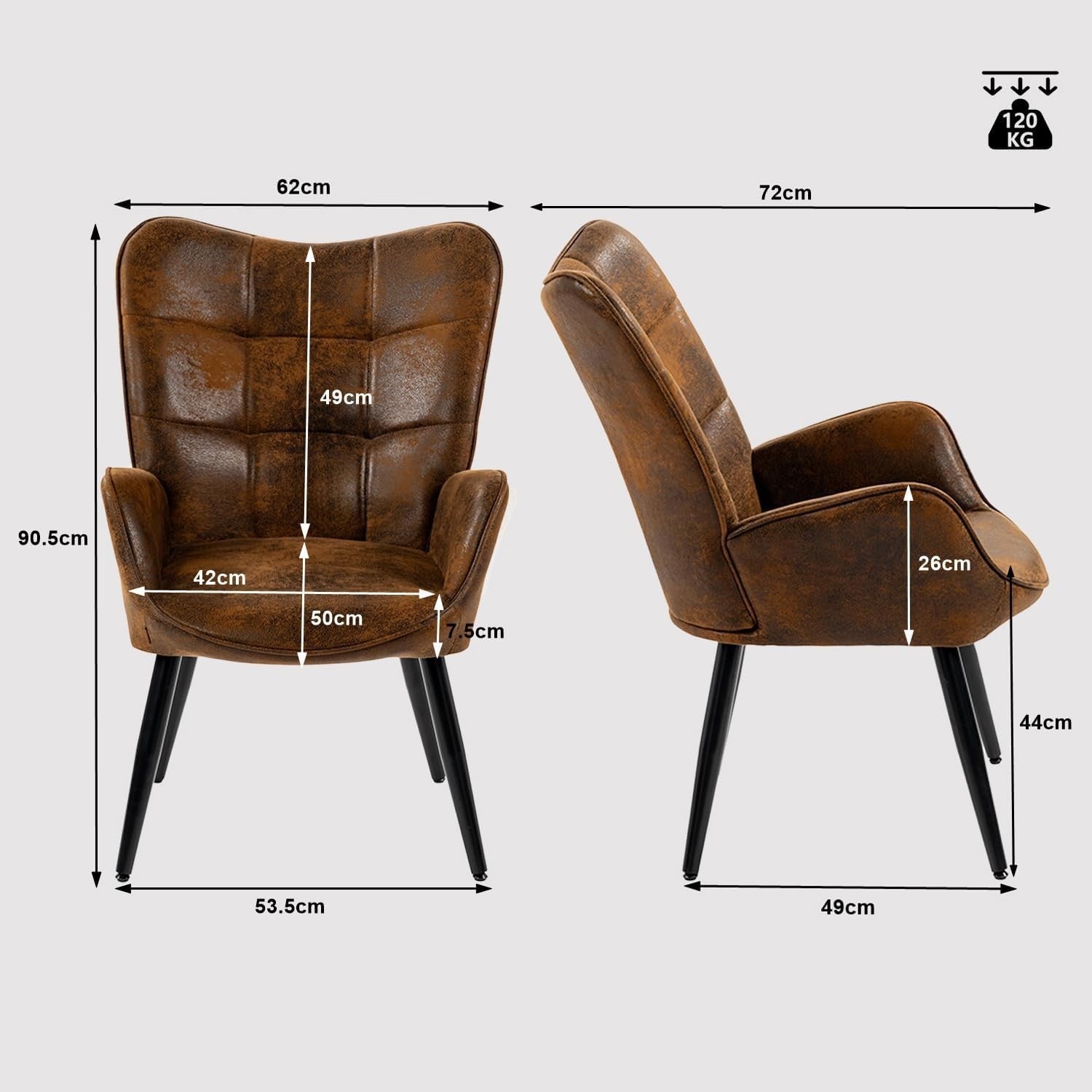 Brown Suede Wingback Accent Armchair with Padded Seat & Metal Legs
