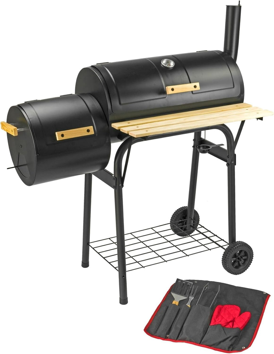 Outdoor BBQ Smoker Grill with 2 Cooking Chambers & Thermometer Portable Patio