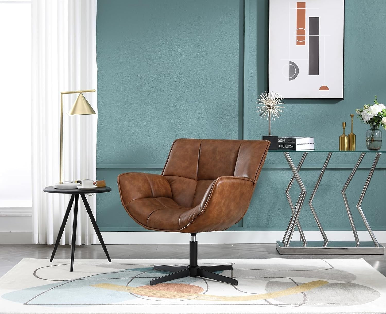 Swivel Faux Leather Accent Chair Tub Seat Lounge Armchair for Living Room