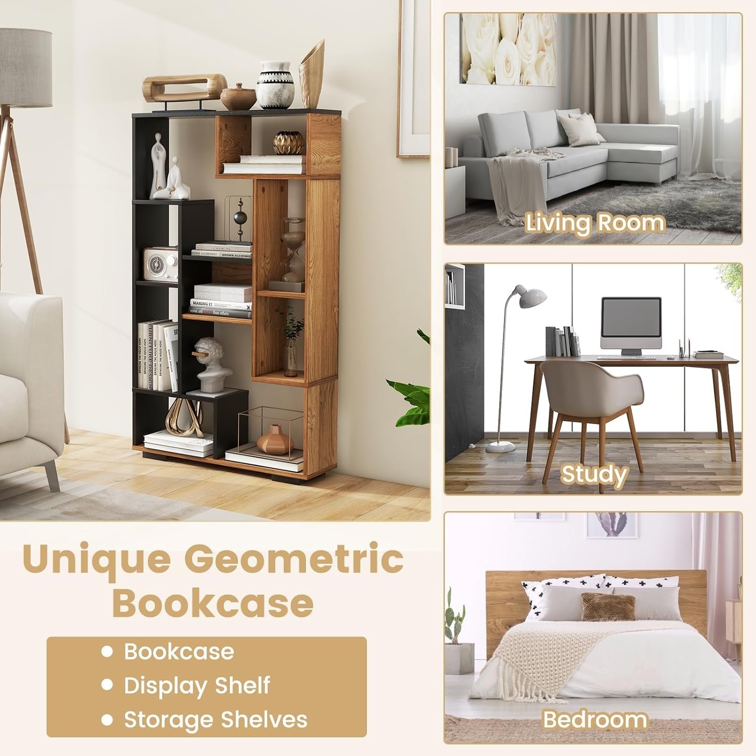 11-Cube Geometric Bookcase Black Natural | Modern Freestanding Display Storage