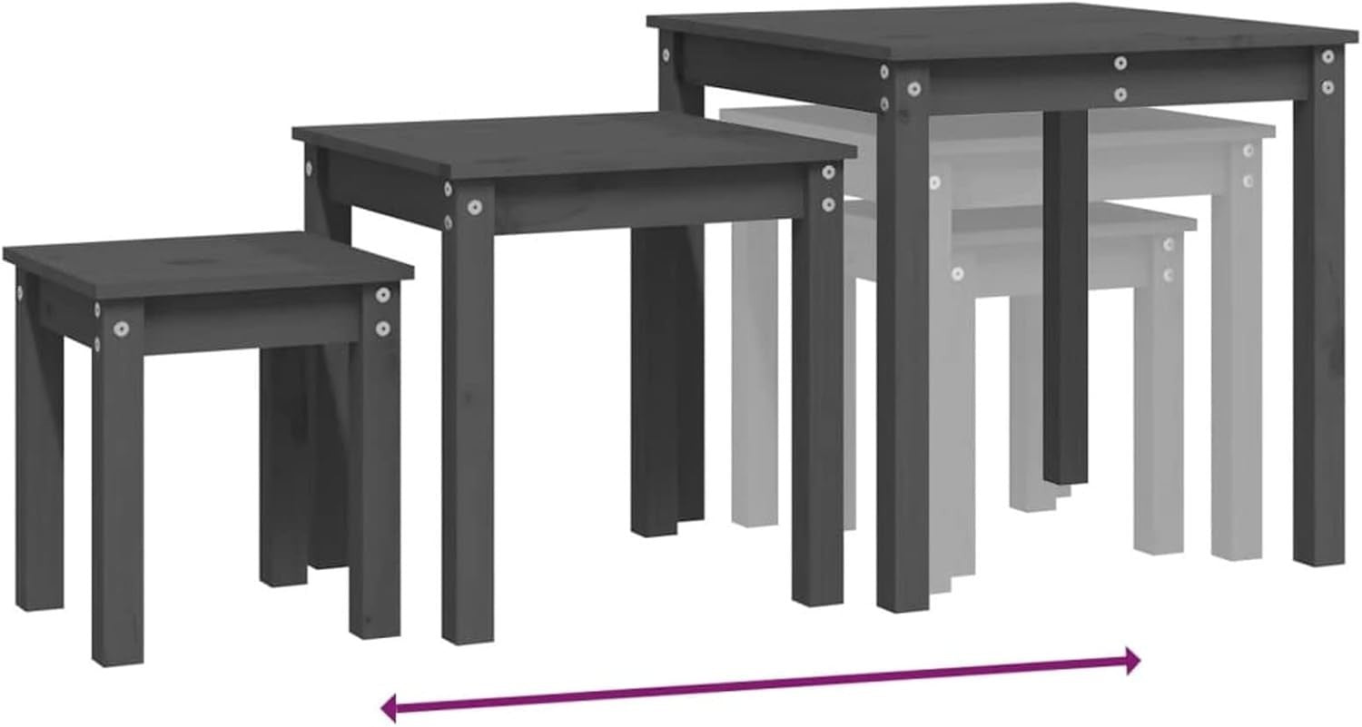 Grey Pine Wood Nesting Side End Tables Set of 2 Storage Living Room Furniture