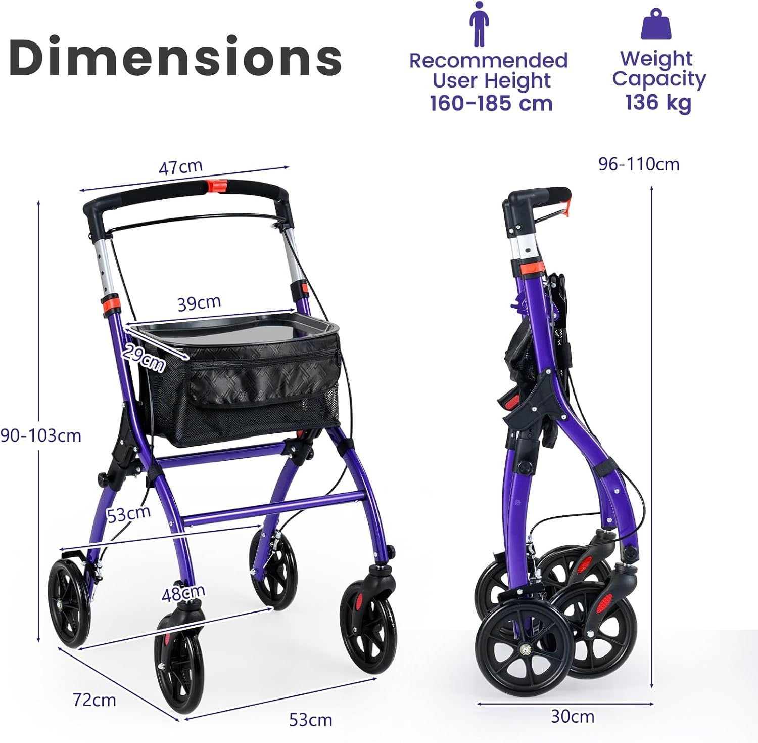 4 Wheel Rollator Walker Lightweight Folding Mobility Aid Brakes & Tray