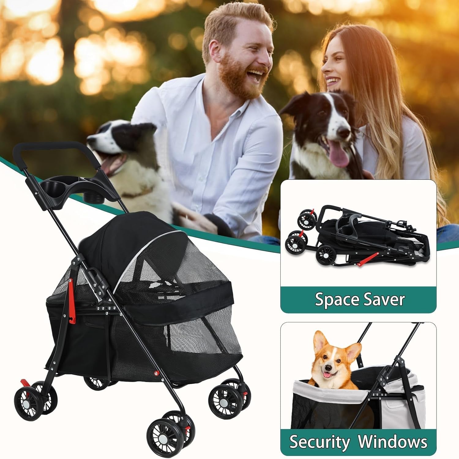 Pet Stroller for Dogs & Cats 4 Wheel Foldable Travel Pram Brake Mesh