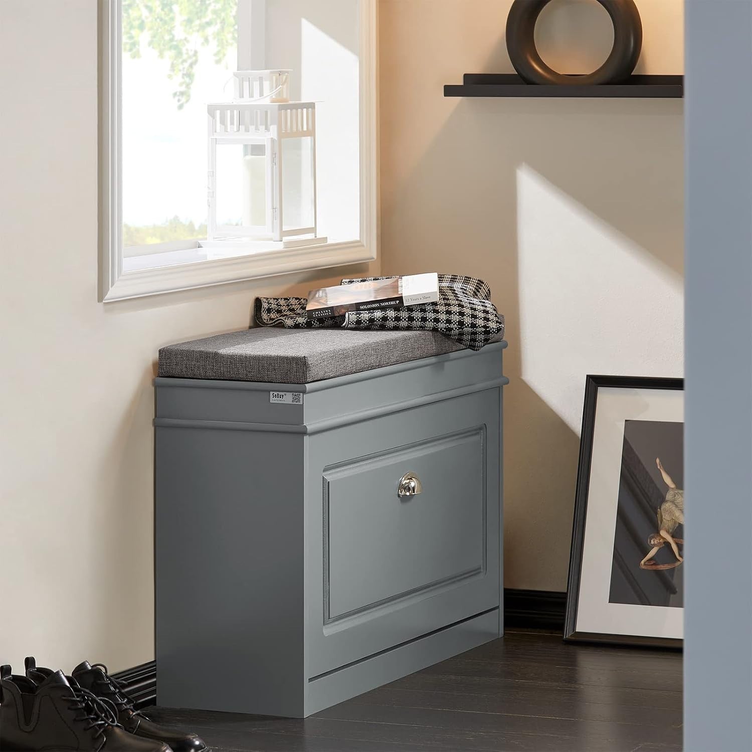 Compact Shoe Storage Bench with Flip Drawer & Cushion, 150kg Load Grey