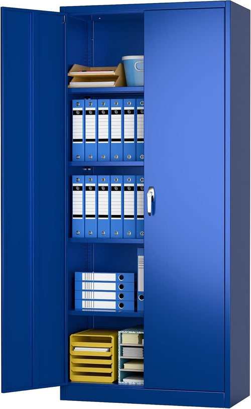 Blue Metal Storage Cabinet 180cm with Lock & Adjustable Shelves – Tall Cupboard
