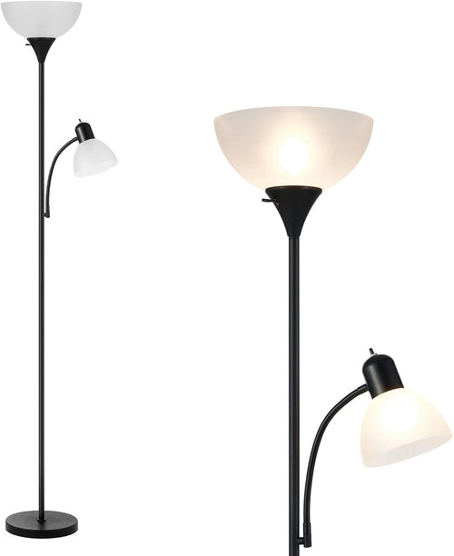 2 Head Floor Lamp with Reading Light Black White Shade Tall Standing Lamp 68"