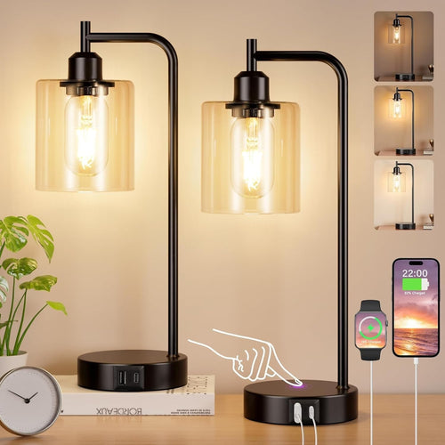 Black Touch Bedside Lamps Set of 2 USB C+A Dimmable Clear Glass
