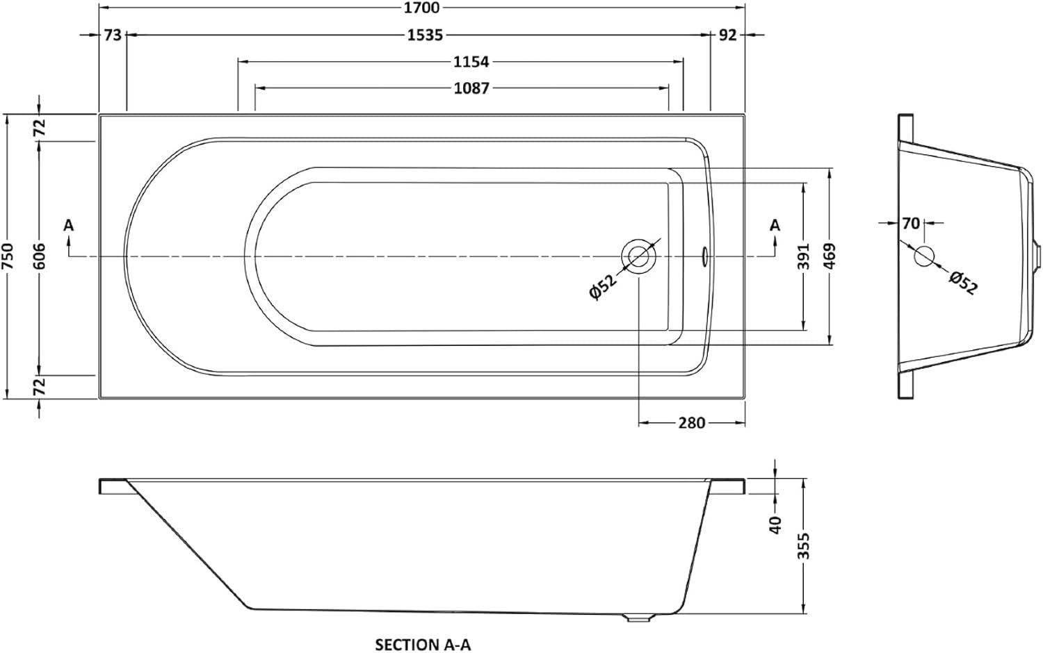 1700x750mm Designer Single Ended Acrylic Bath Tub White Curved Soaking Spa