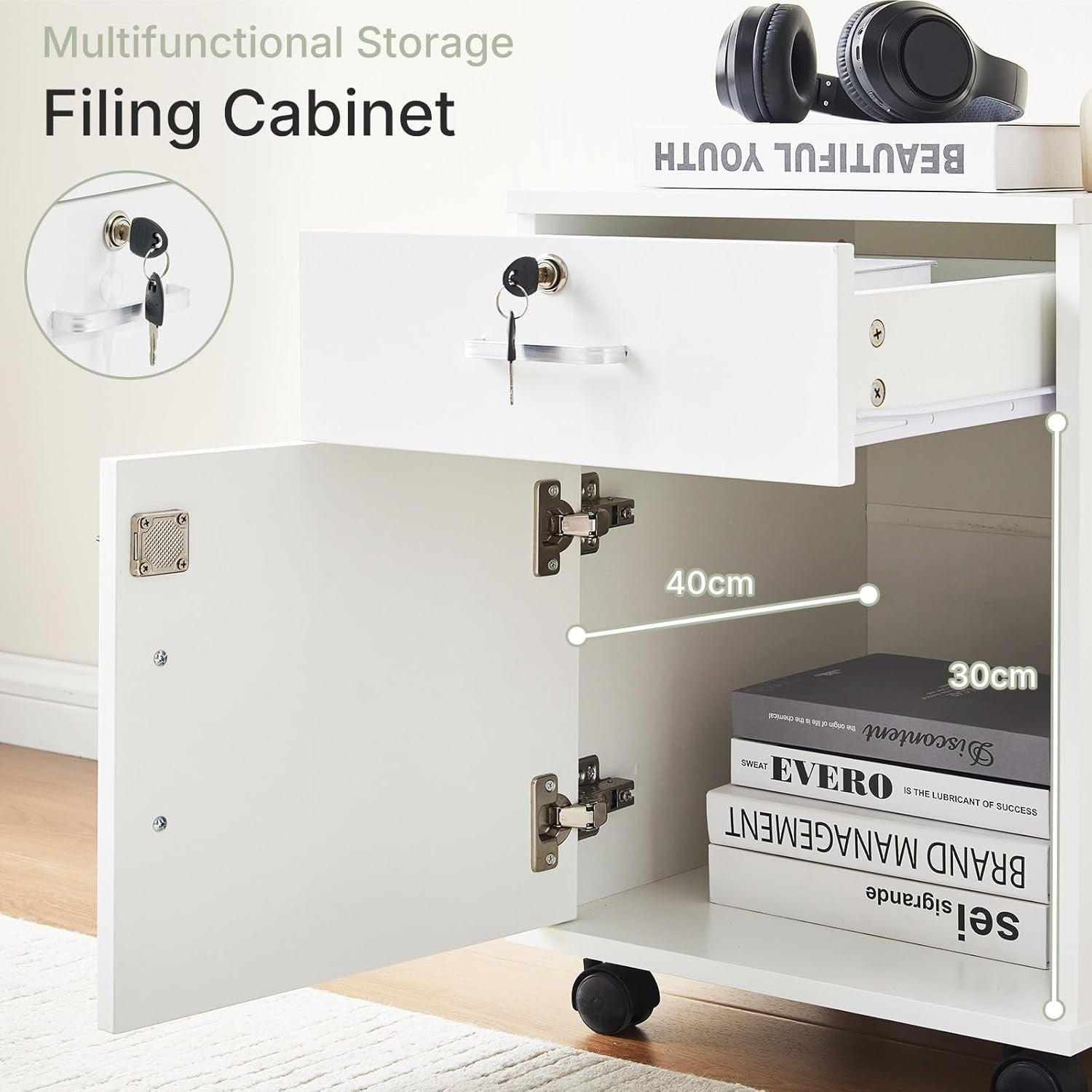 Locking Rolling File Cabinet 1 Drawer 1 Door Under Desk Storage Unit