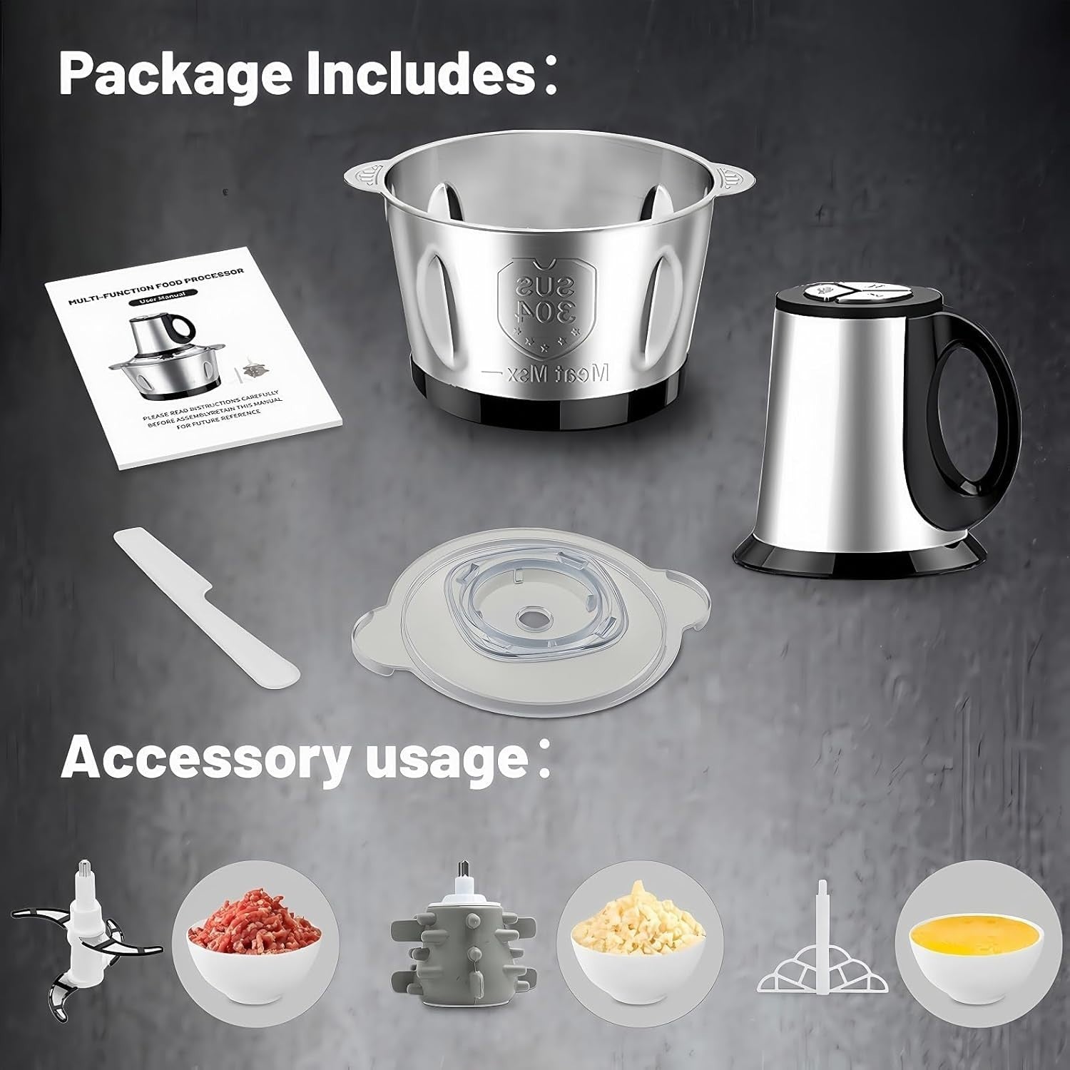 600W Electric Food Chopper Meat Grinder 2L Stainless Steel Bowl 3 Speed