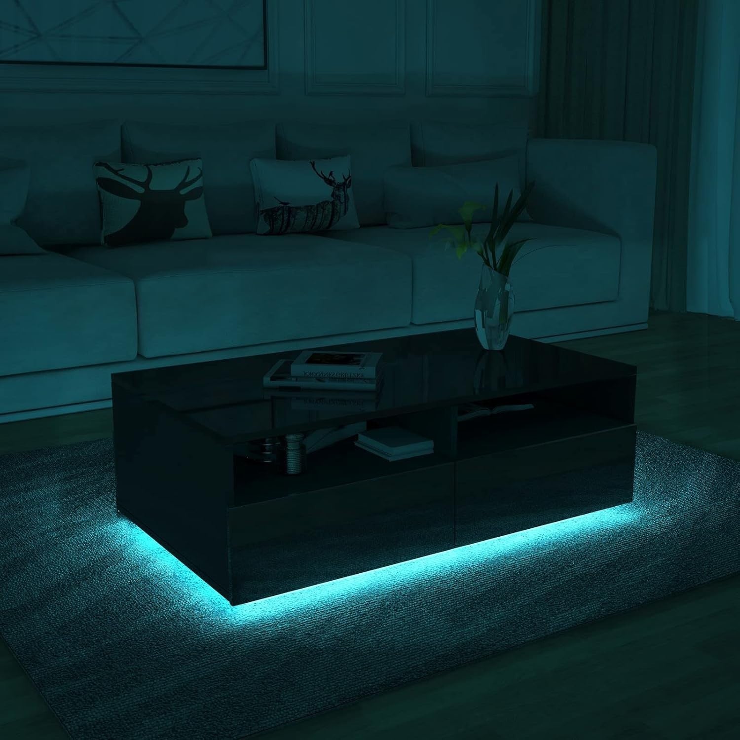 Modern Black Gloss Coffee Table with 4 Drawers & LED Light 85x55x35cm
