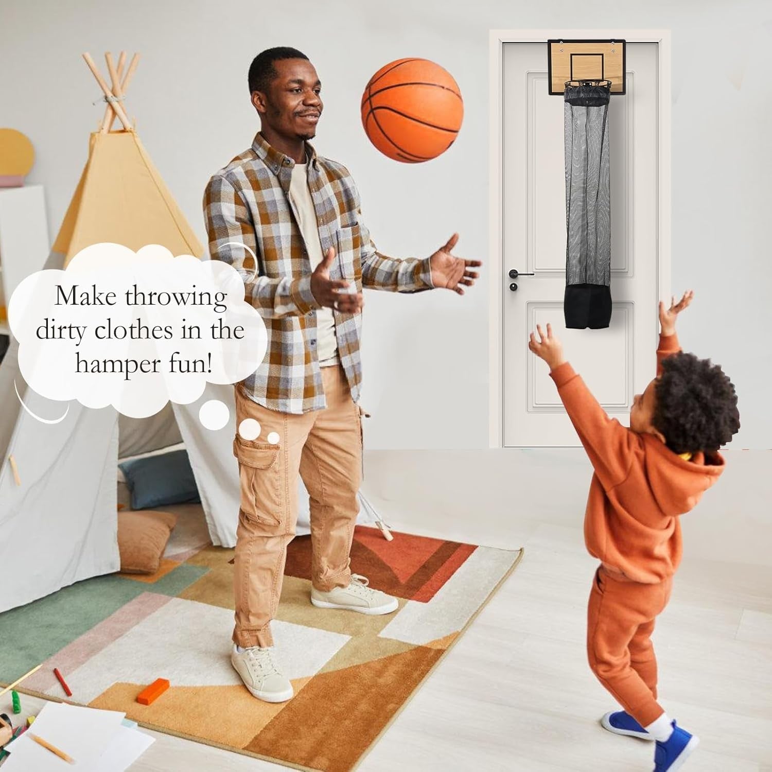 Basketball Hoop Laundry Hamper Over Door | Hanging Laundry Basket w/ Zipper | Ki