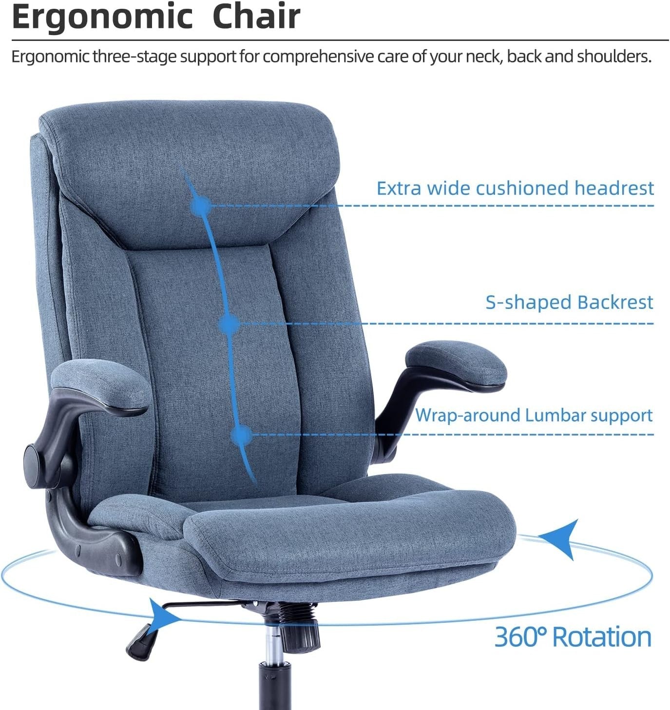Ergonomic Office Chair High Back Swivel Desk Chair Flip-Up Arms 150kg Max Blue