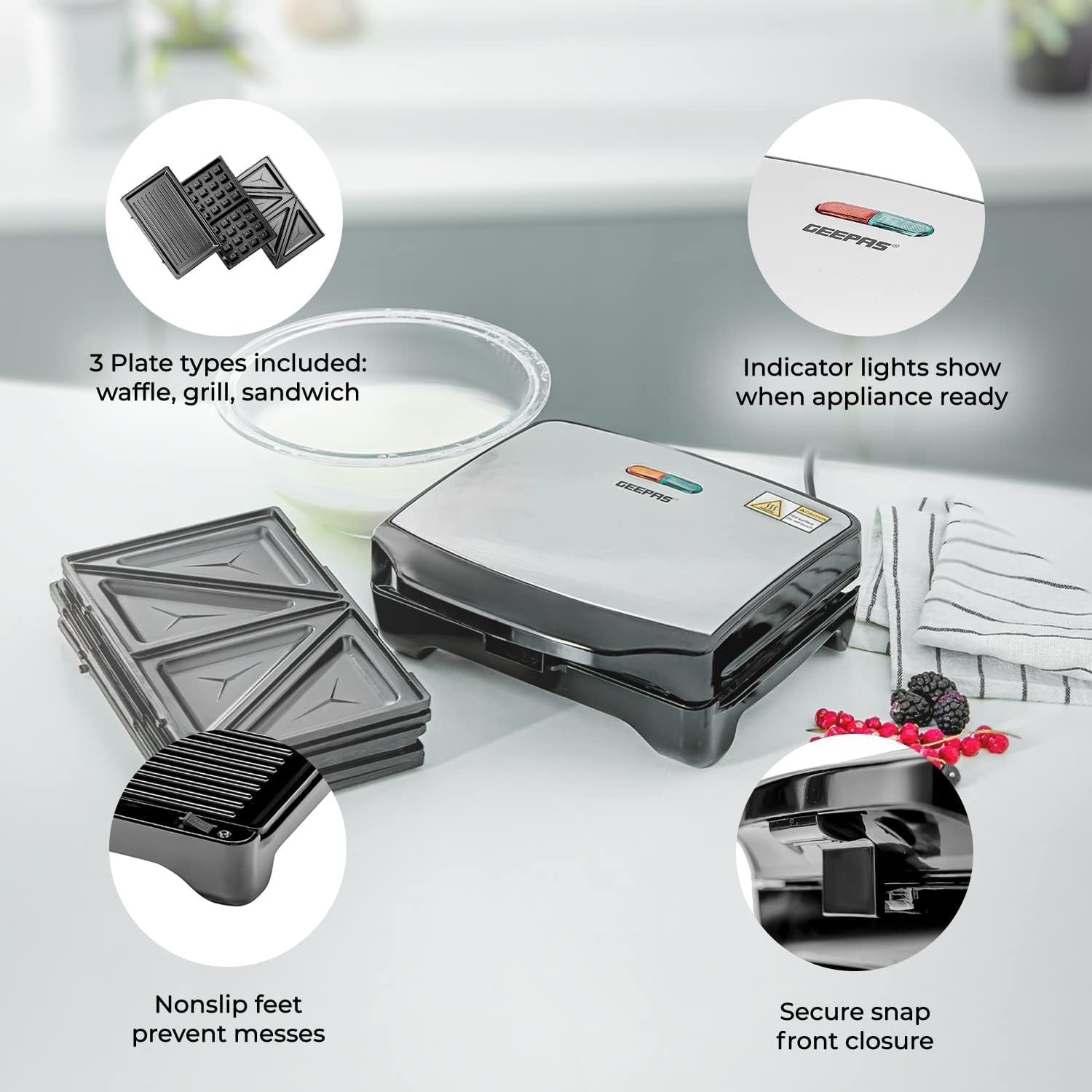 3-in-1 Sandwich Maker Waffle Panini Toastie Non-Stick Auto Temp 750W