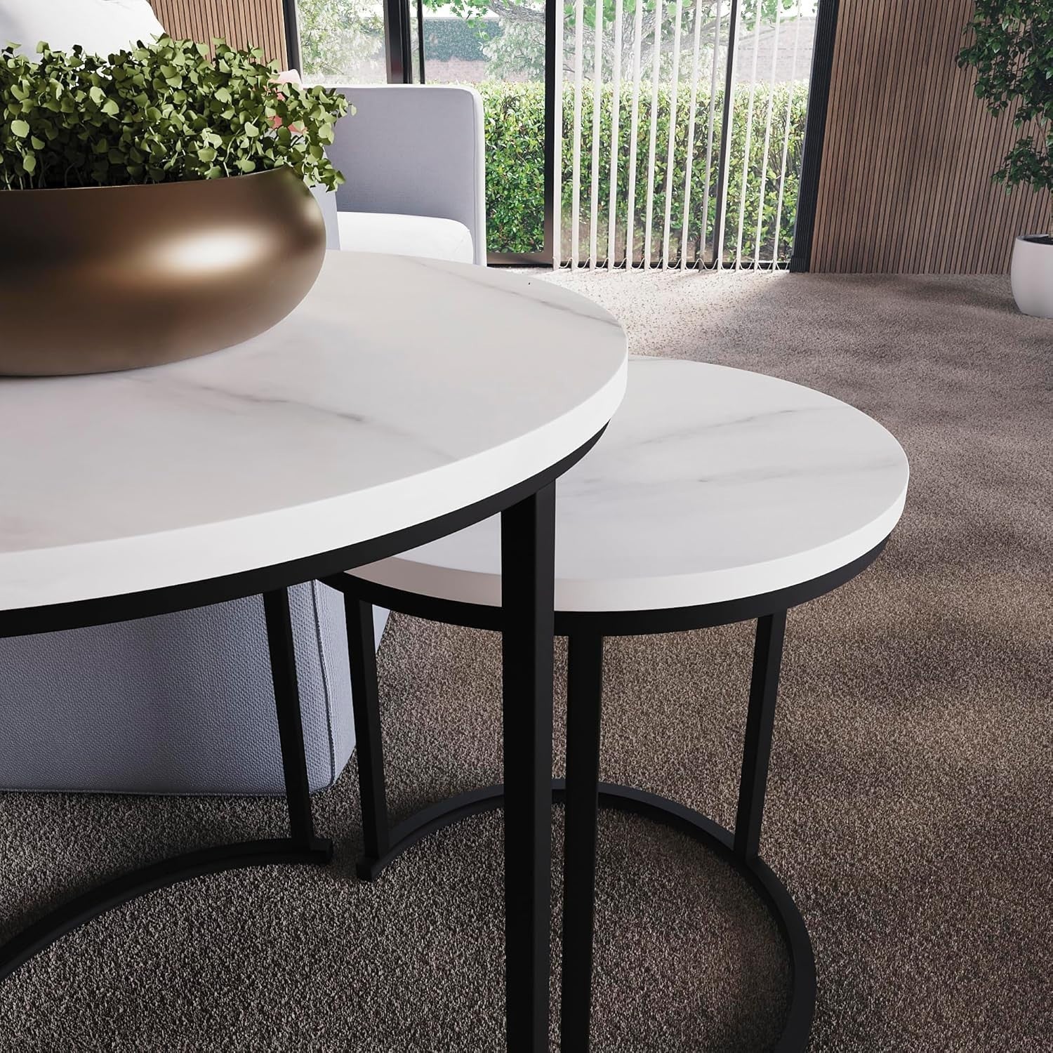 Nest of 2 Round Coffee Side Tables Marble Dark Wood Industrial Metal Frame