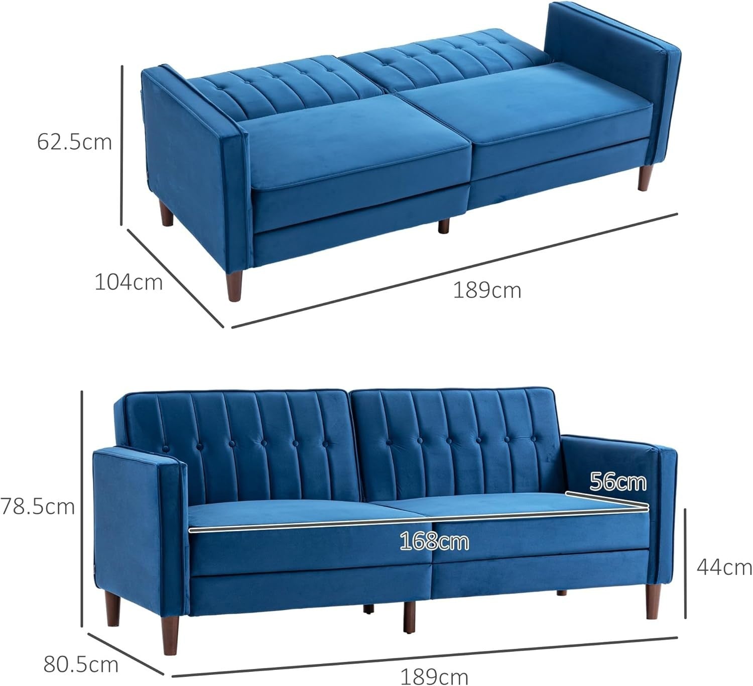 Blue Velvet 3 Seater Sofa Bed Click Clack Recliner Couch Guest Sleeper