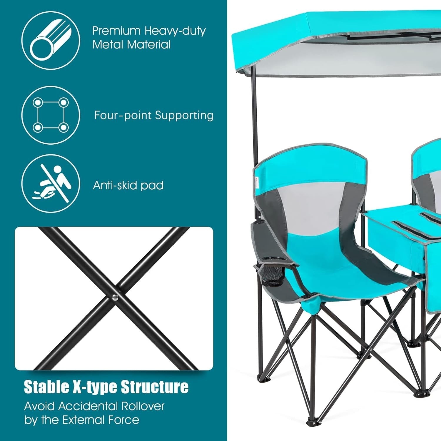 2 Seat Folding Camping Chair w/ Canopy & Cooler – Beach Picnic Outdoor