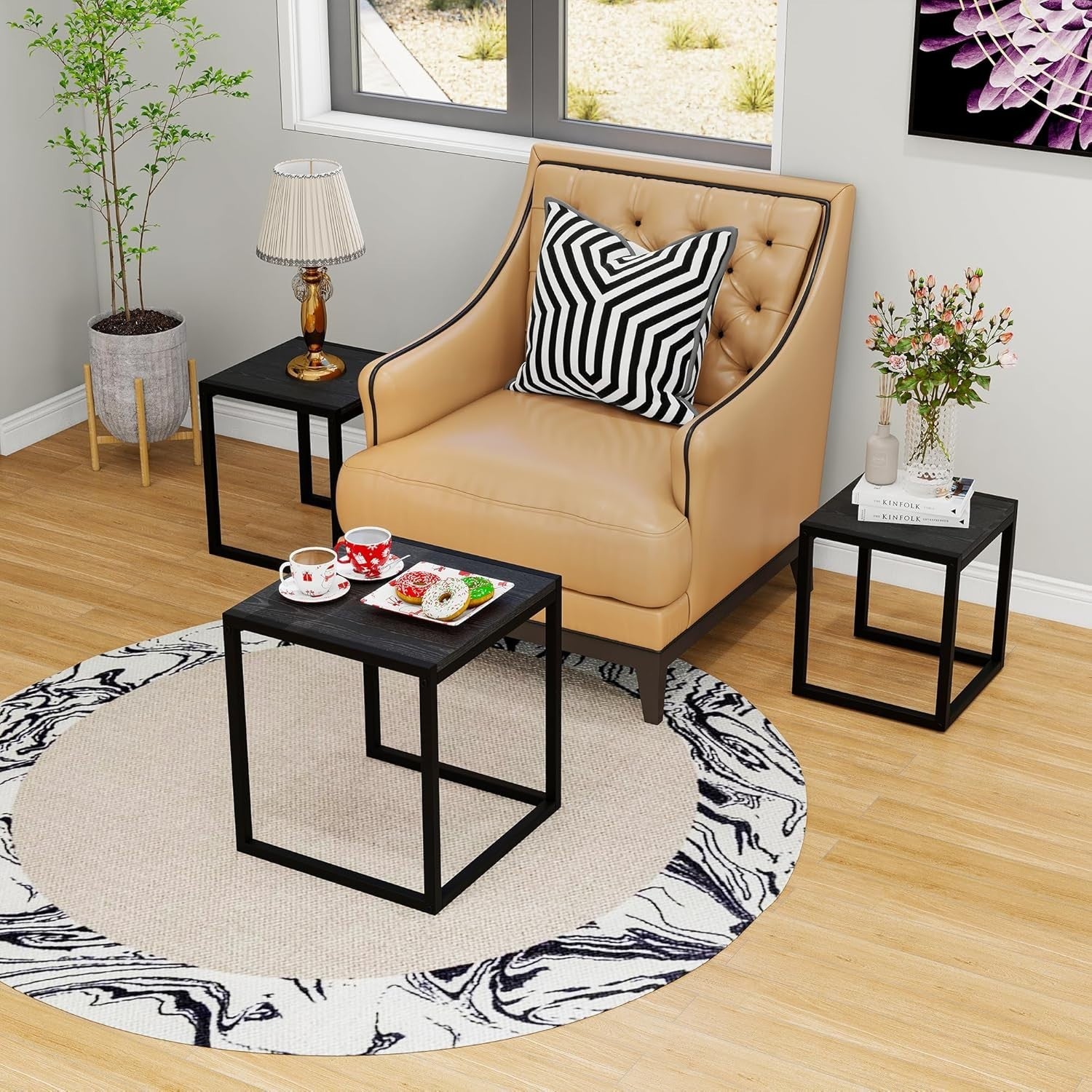 3pc Nesting End Side Tables Set Black Metal Legs Coffee Accent Stackable