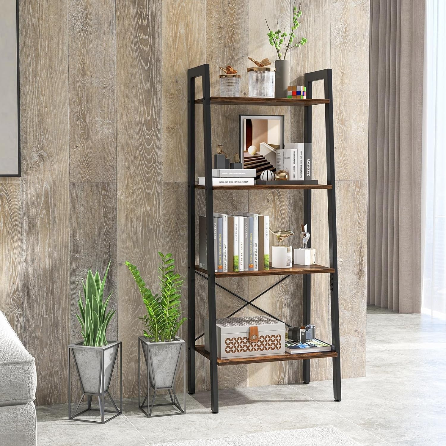 Rustic Brown Industrial Ladder Shelf 4-Tier Freestanding Storage Rack