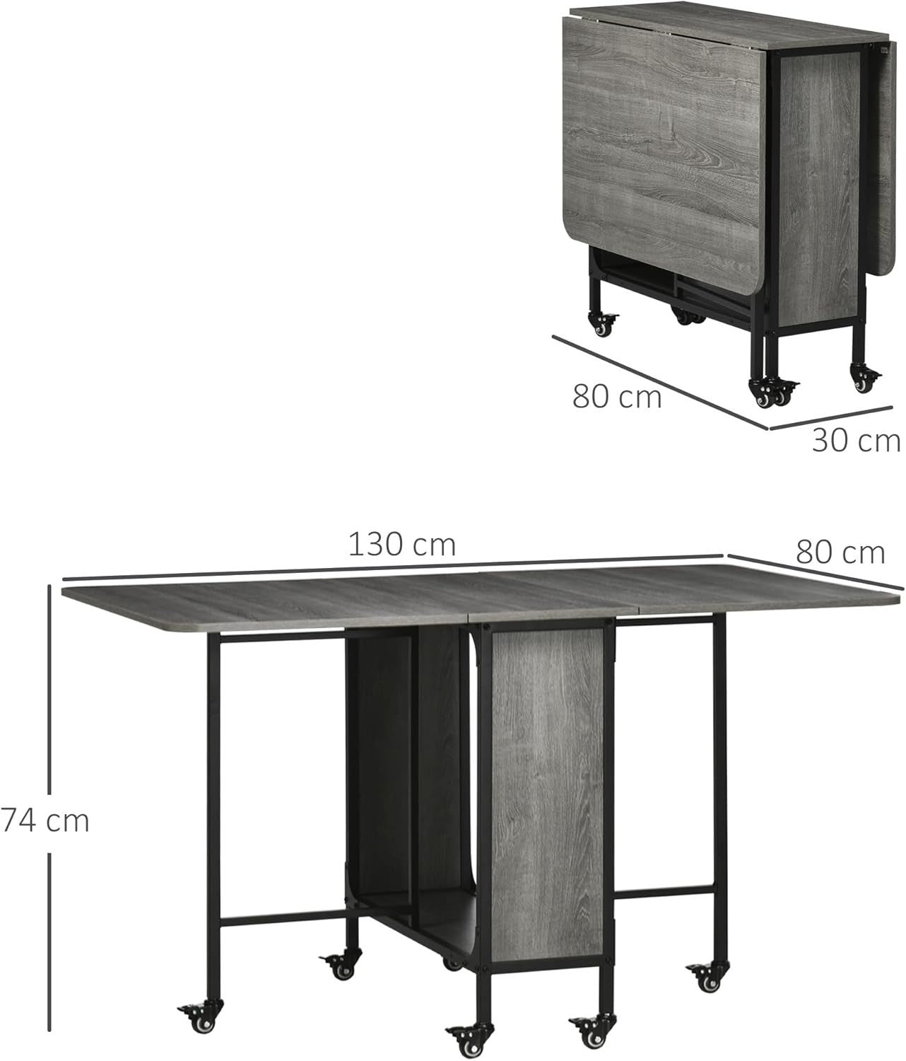 Foldable Drop Leaf Dining Table on Wheels Grey Space-Saving Kitchen Desk