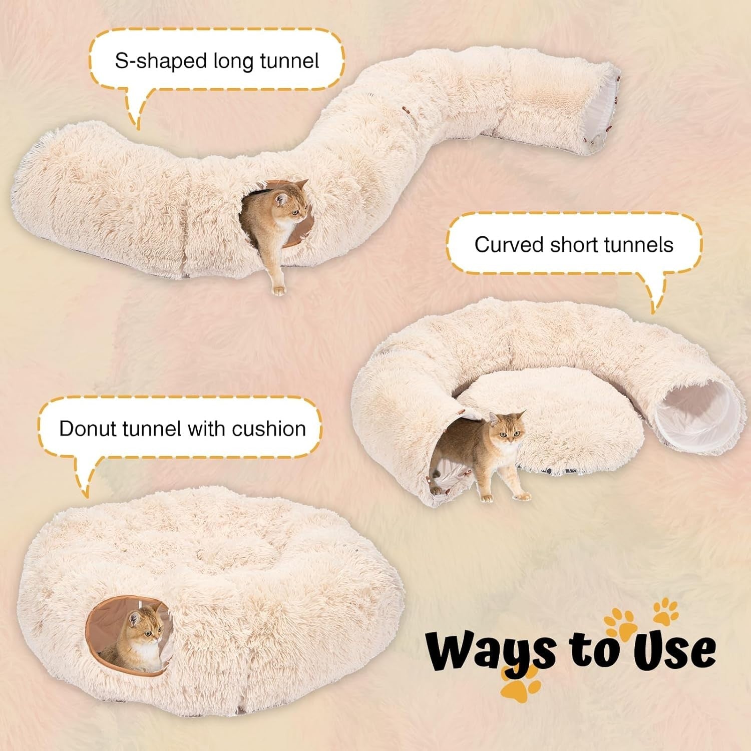 Cat Tunnel Bed Plush Donut Play Tunnel Large Circle w Cushion Beige