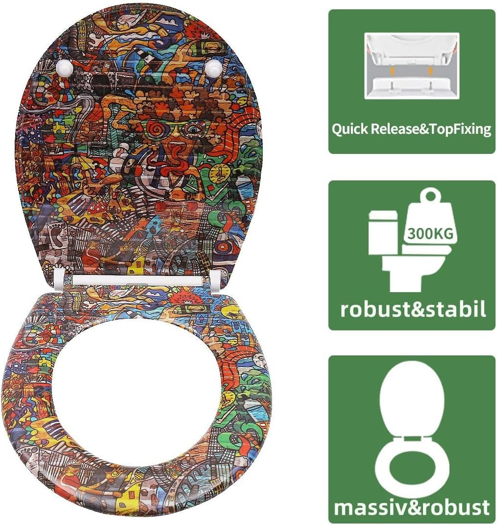 Soft Close Toilet Seat Top Fixing Colourful Patterns 45x37cm