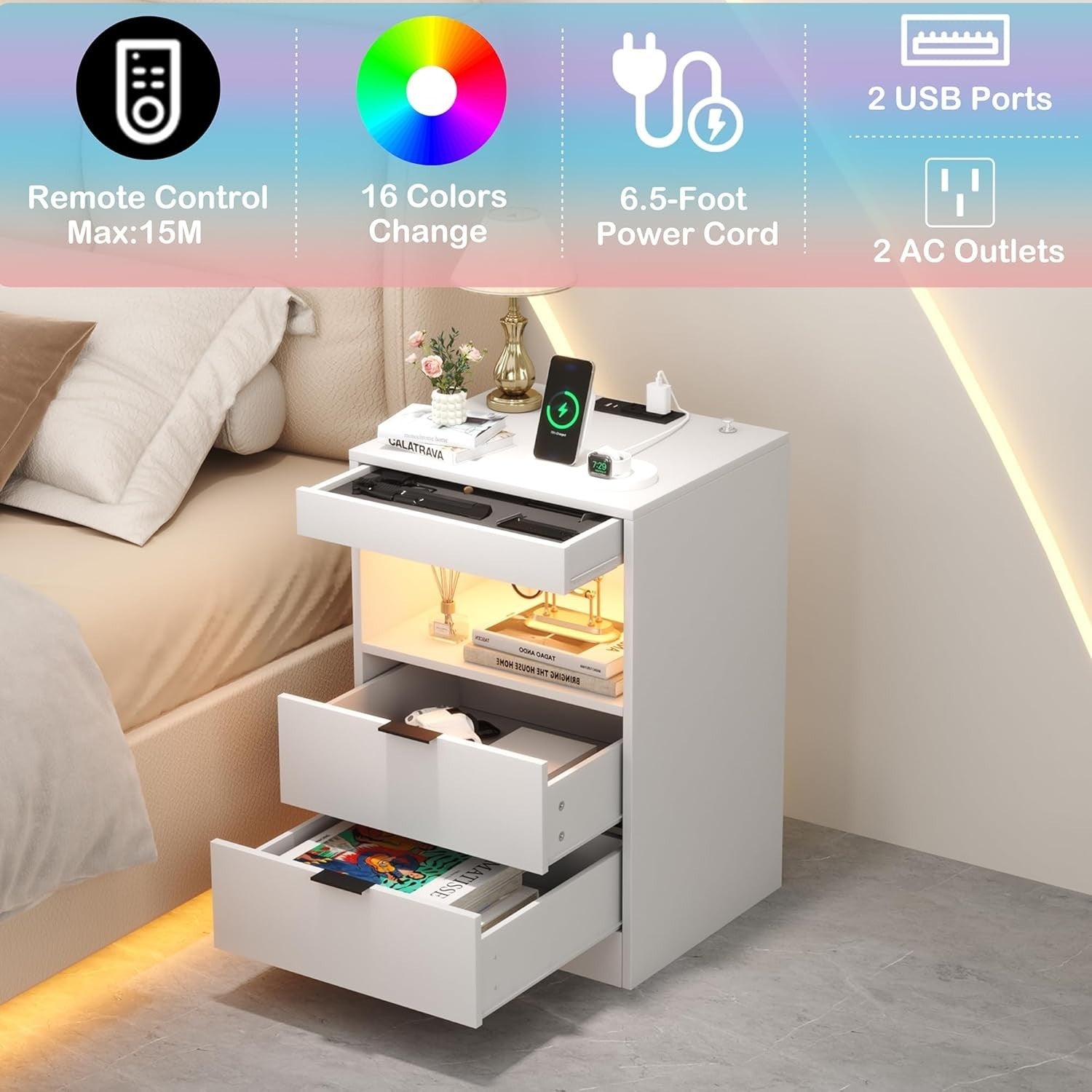 White LED Nightstand with Charging Station – 2 USB Ports, Power Outlets & Drawer