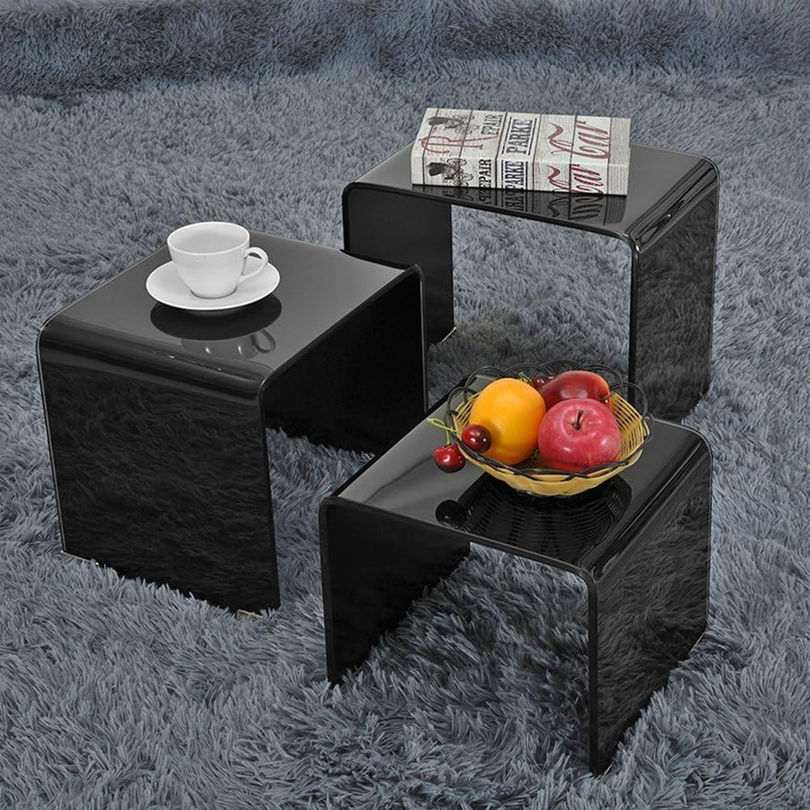 Nest of 3 Modern Glass Coffee Tables Clear/Black Bent Tempered Side End Accent