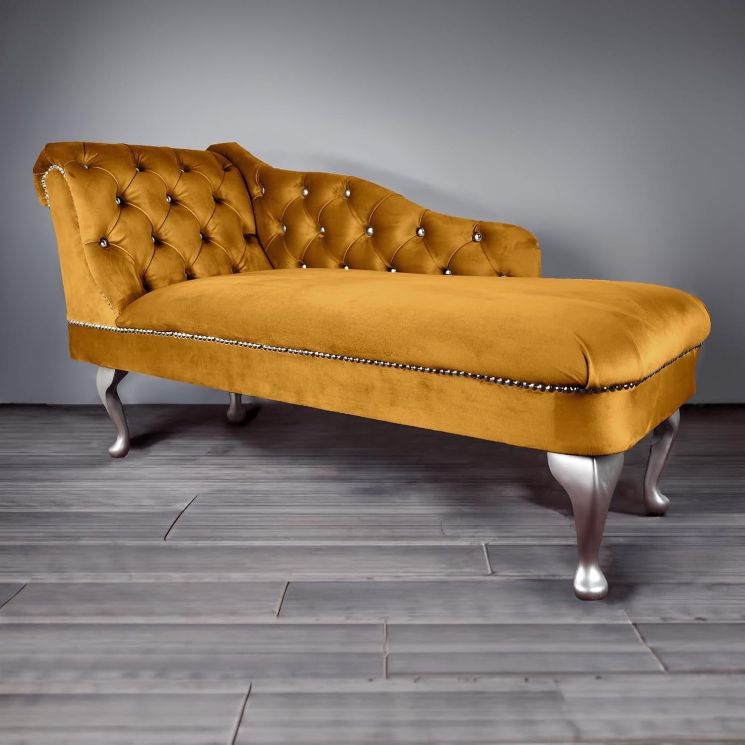 Tufted Gold Velvet Chaise Lounge Sofa Left Hand – Handmade, Compact & Elegant