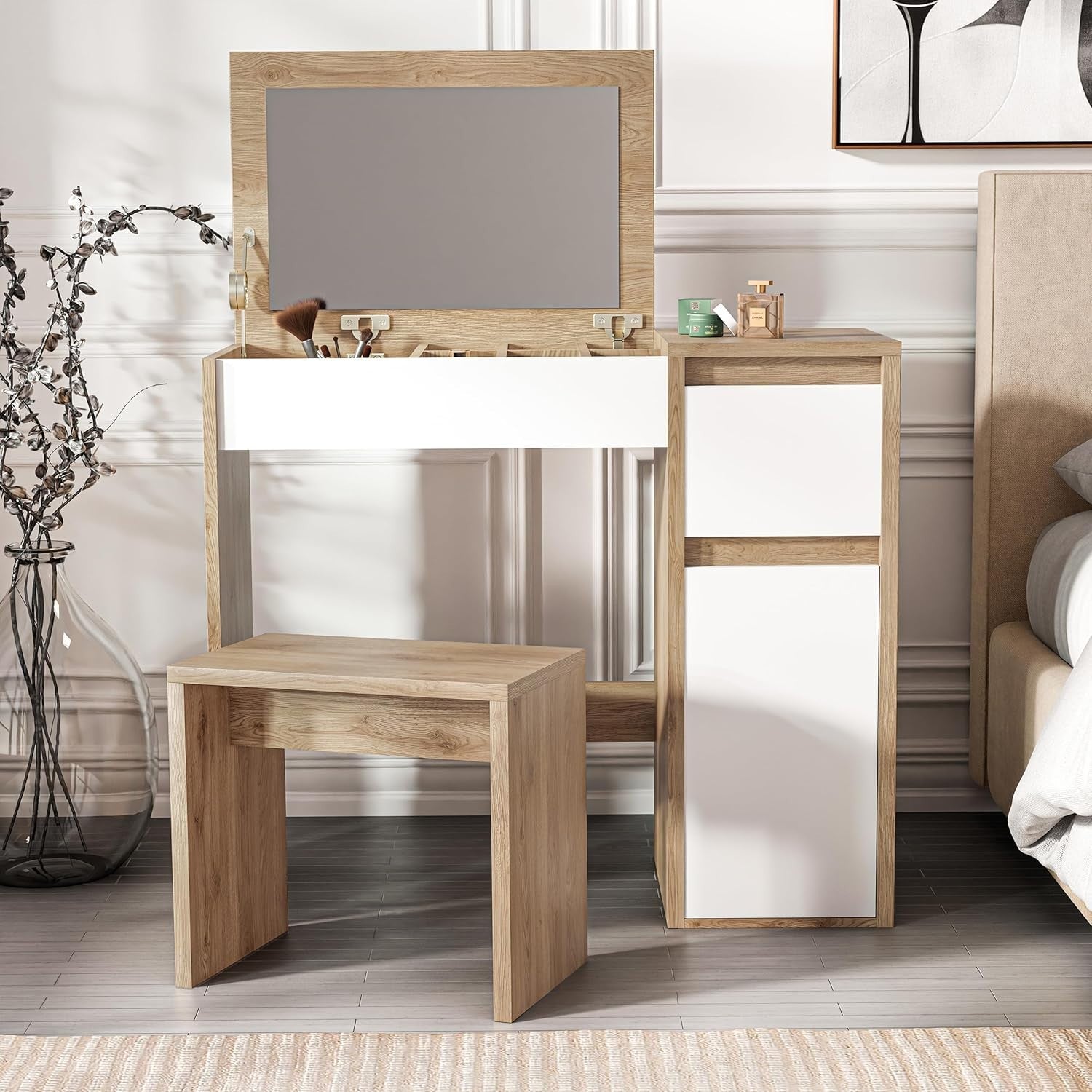 2-in-1 Vanity Dressing Table Desk Flip-Up Mirror 1 Drawer Melamine MDF White