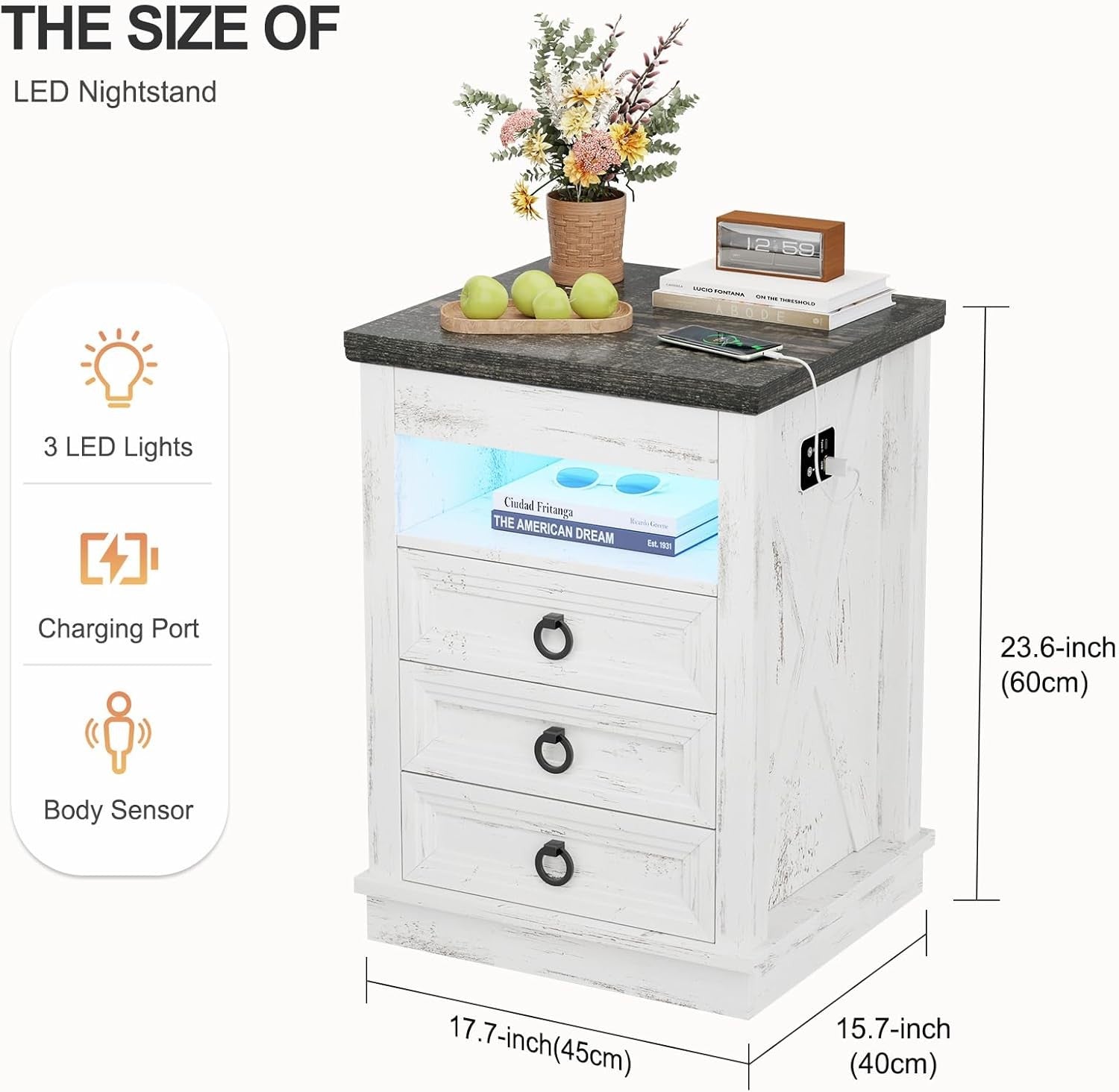 White Smart Bedside Table with Wireless Charging, LED Lights & 4 Drawer Storage