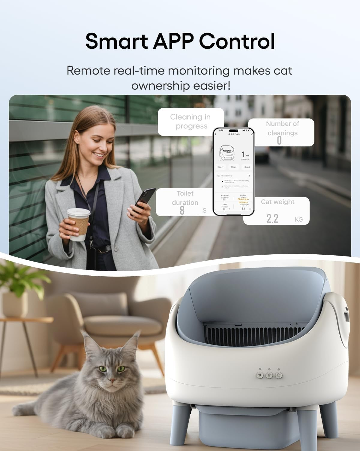 Self Cleaning Cat Litter Box App Control Open Top Auto Multi Cat