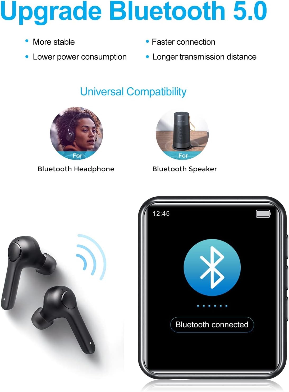 32GB MP3 Player Bluetooth 5.0 Touch Screen FM Radio Recorder