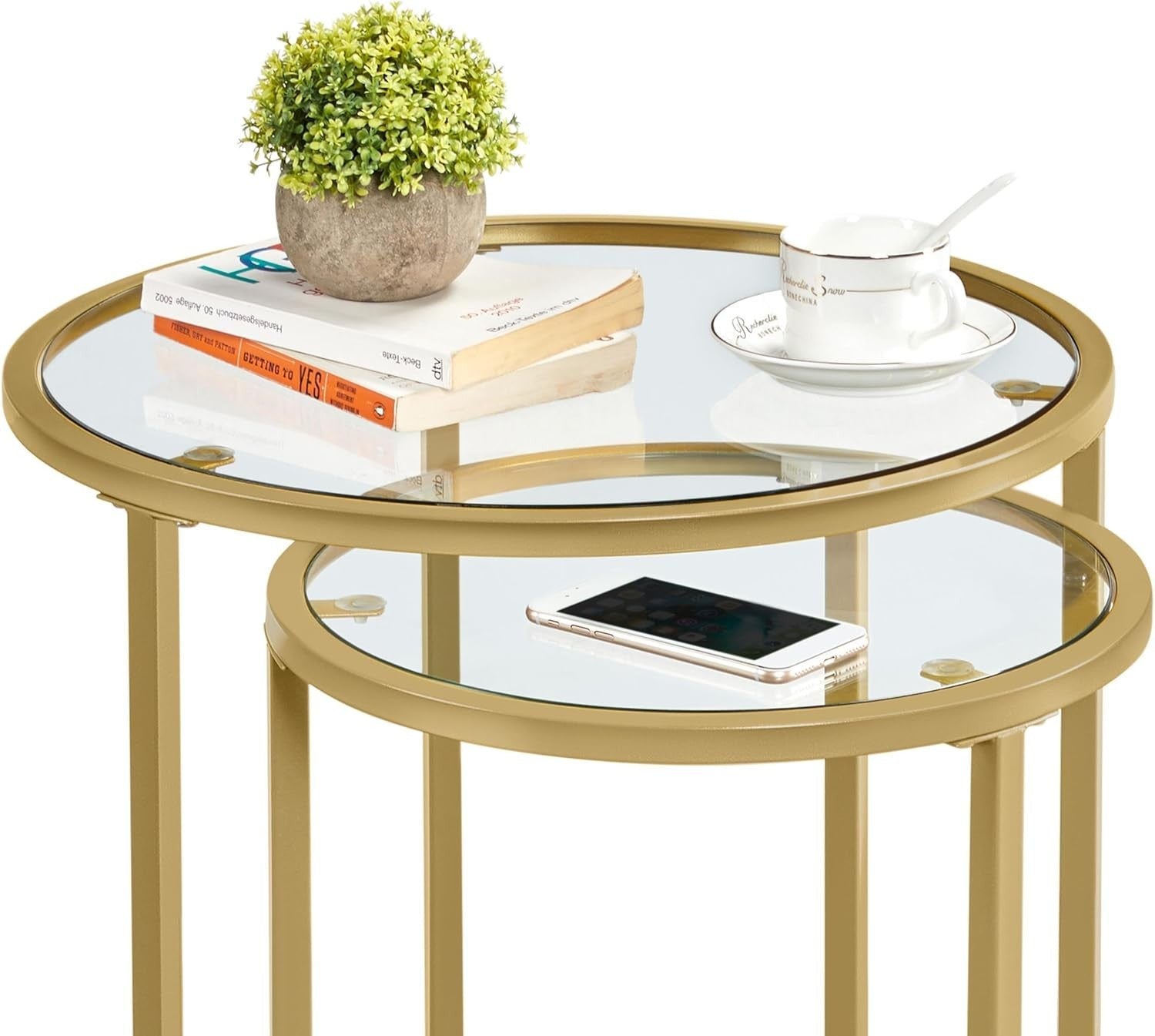 Gold Round End Table Set of 2 Modern Glass Nesting Coffee Side Tables Small Spac