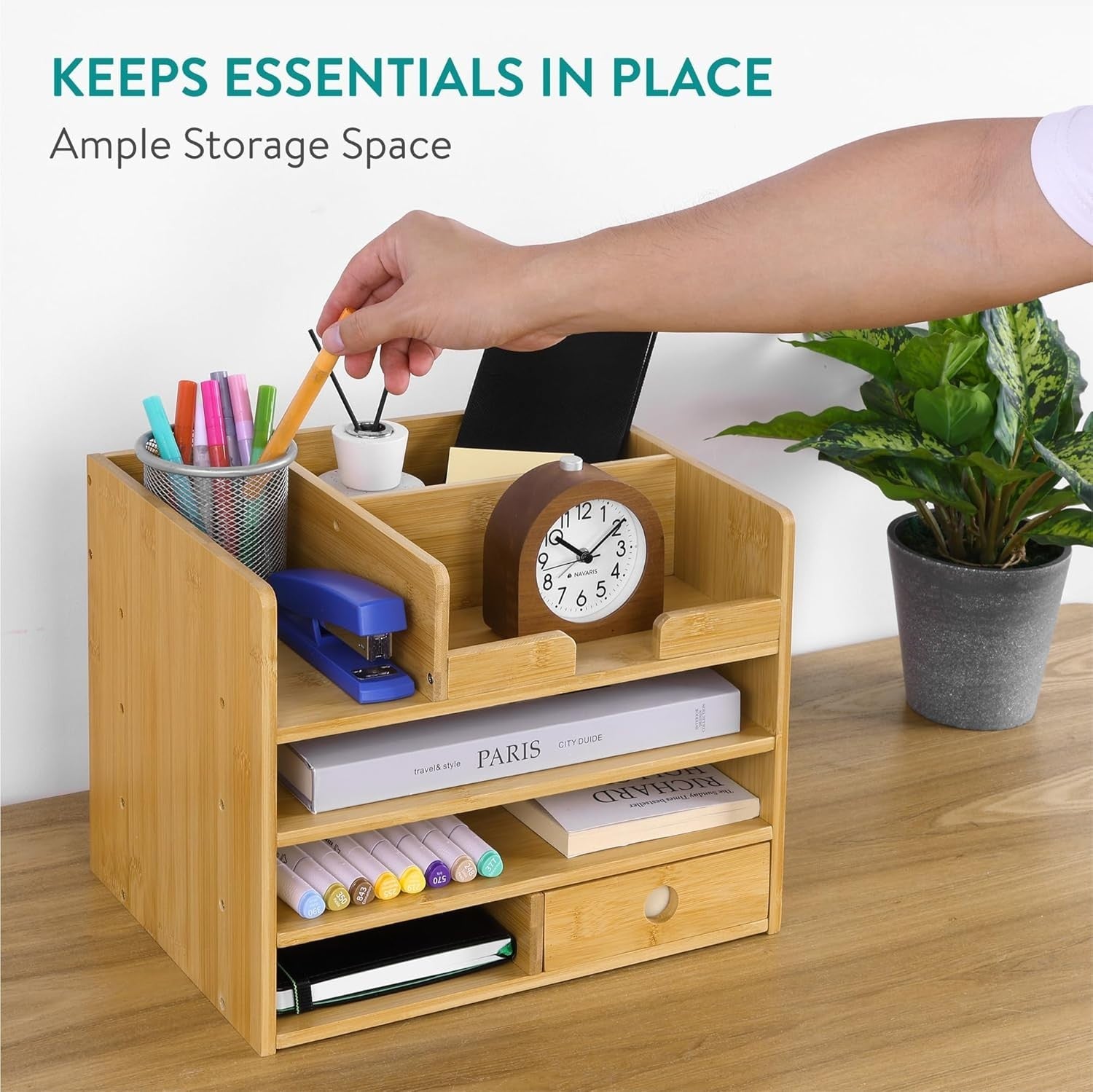 Bamboo Desk Organiser with Drawers & Compartments for Office & Stationery