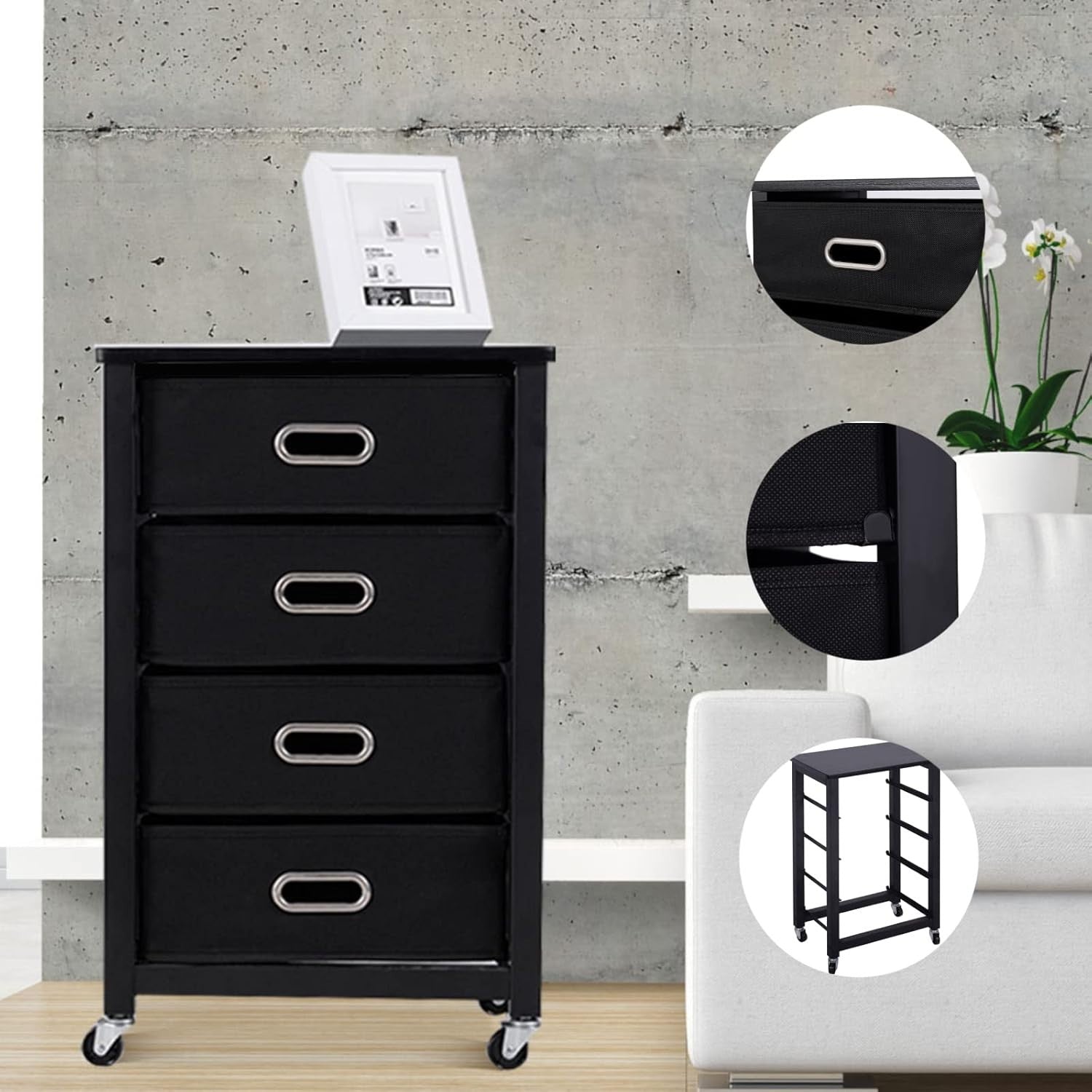 Black Rolling File Cabinet 4 Drawer Under Desk Printer Stand Storage