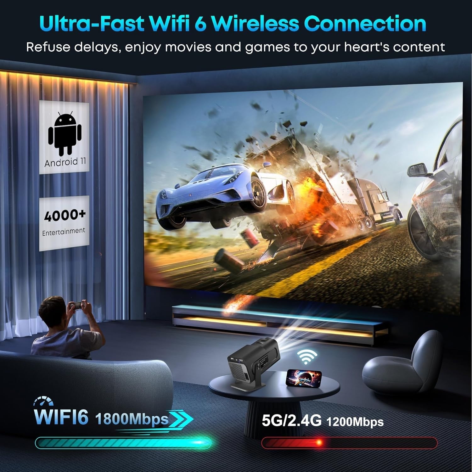 Mini Smart Projector 4K Ready WiFi 6 Bluetooth Netflix 180° Stand