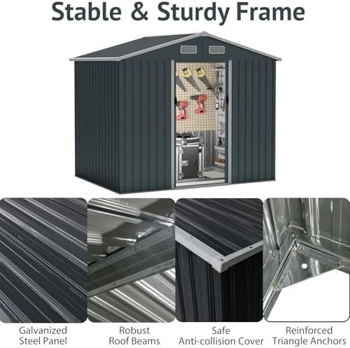 8x6FT Metal Garden Shed with Double Sliding Doors & Ramp Foundation
