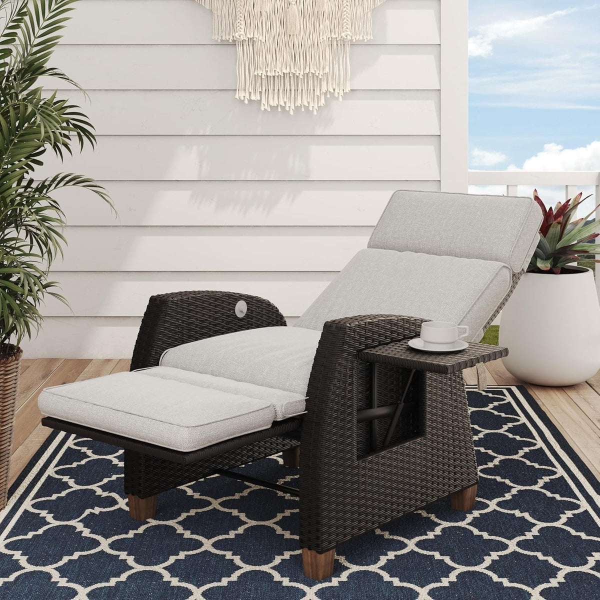 Adjustable Outdoor Recliner Wicker Patio Lounger with Flip Table Beige