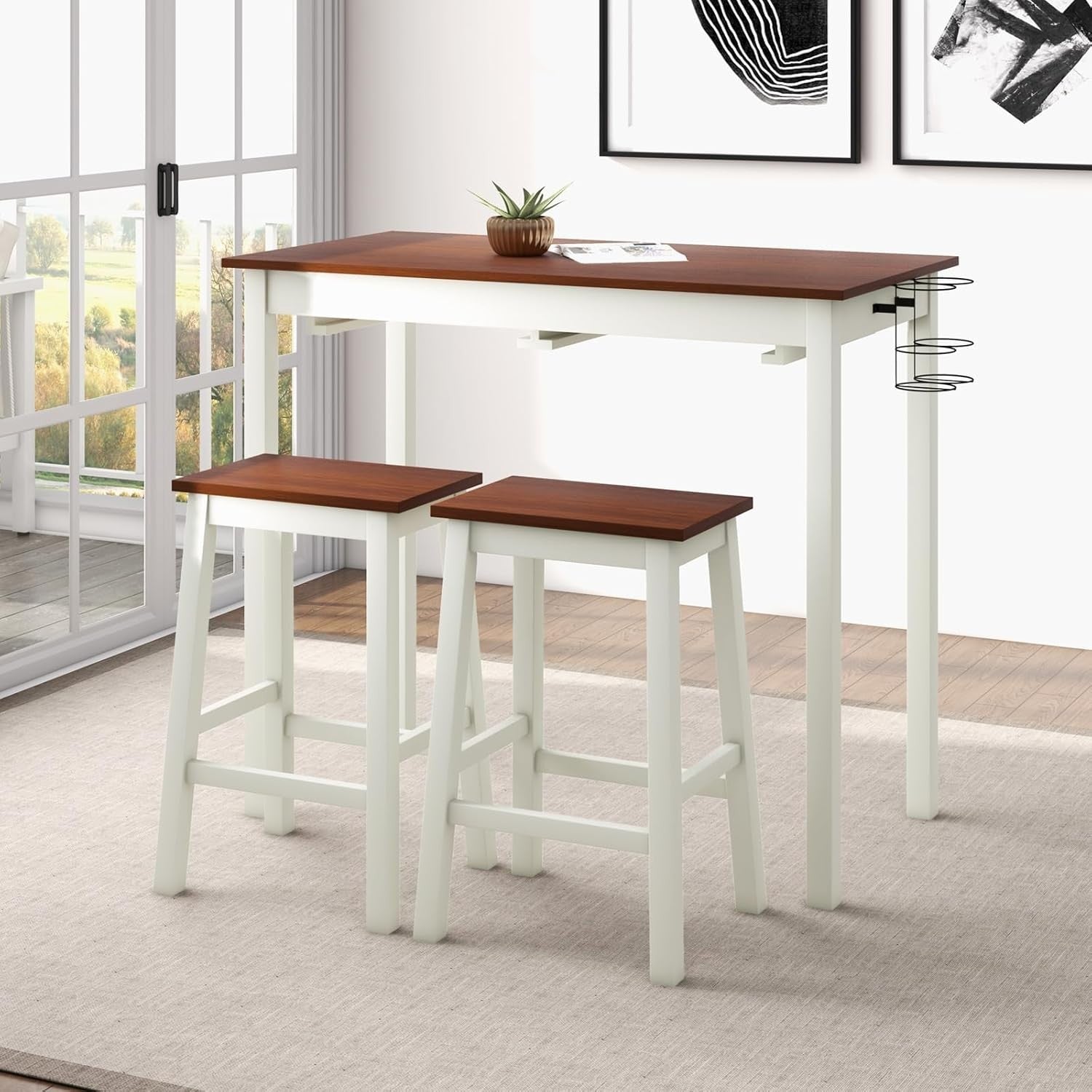 3-Piece Bar Table Set with Stools, Wine Racks & Shelves, Cream White/Walnut