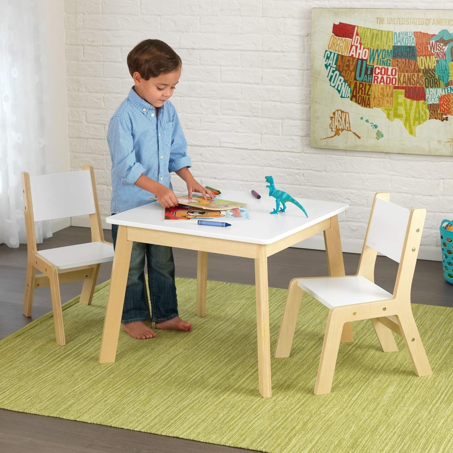 Kids Wooden Table & 2 Chairs Set, Modern White Playroom Furniture 64cm